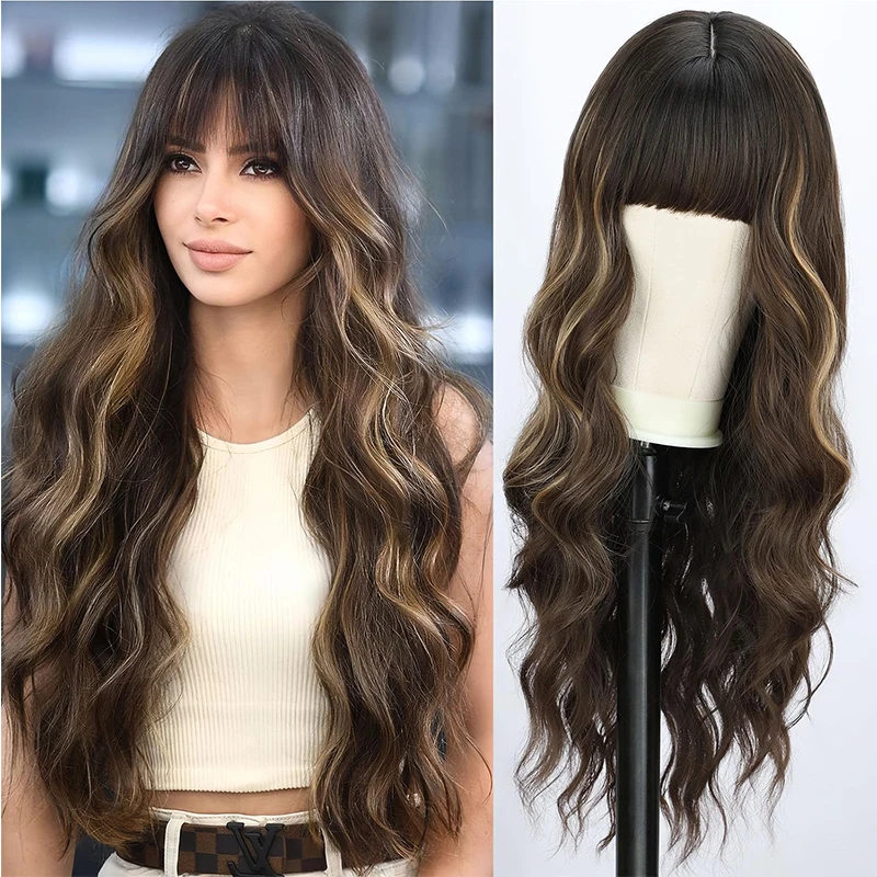 Water Wave Wigs with Bangs Synthetic Long Ombre Black Loose Wigs Body Wavy Hair for Women Daily Party Cosplay Heat Resistant