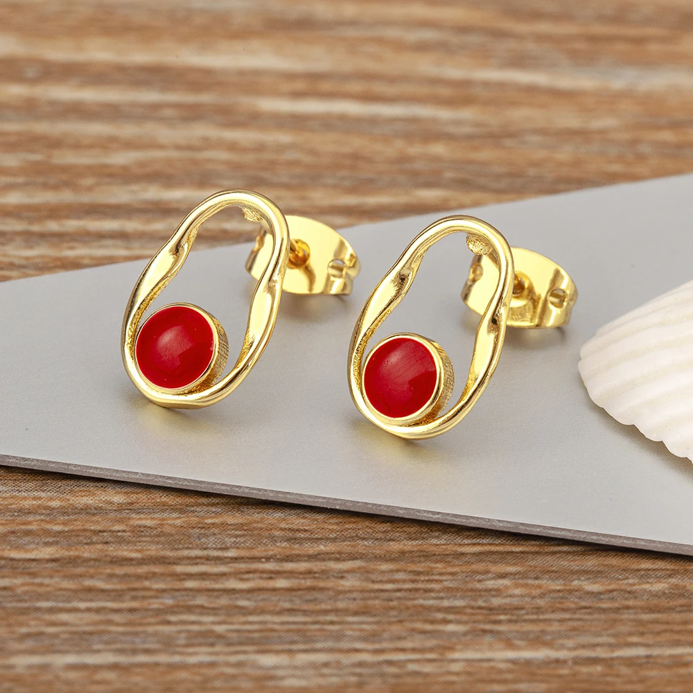 Nidin New Fashion Hollow Design Inlaid Red Zircon Charm Stud Earrings For Women Sweet Style Ear Jewelry Accessories Party Gifts