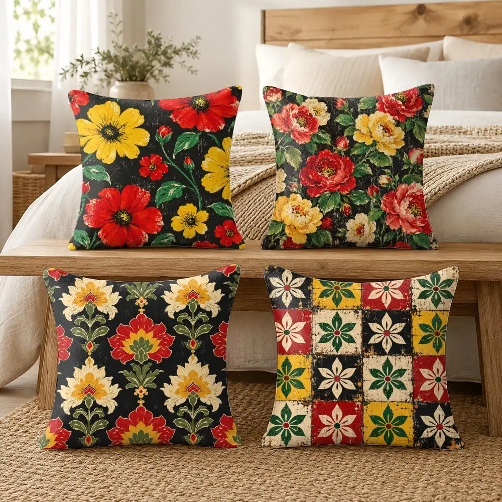 Retro Flower Motif Cushion Cover Soft Short Plush Pillow Cases Hidden Zipper Cutecore Sofa Bedroom Home Decor Gift