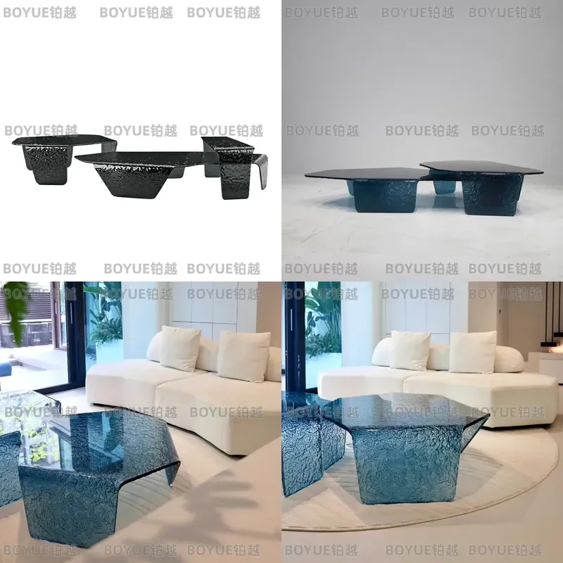 Italian Minimalist Acrylic Coffee Table Deep Sea Blue Water Ripple Design Modern Living Room Centerpiece Artistic Villa Decor
