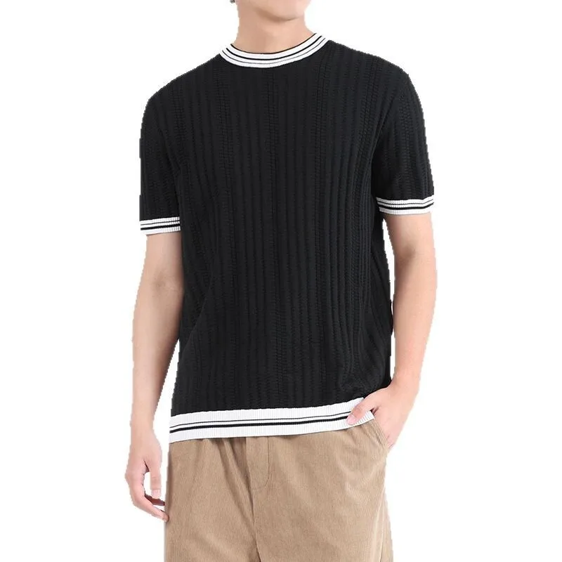 2024 الصيف الرجال الحرير الجليد محبوك قصيرة الأكمام الراقية تي شيرت ، الأعمال عارضة الأزياء العصرية العلامة التجارية فضفاض تي شيرت أعلى #4