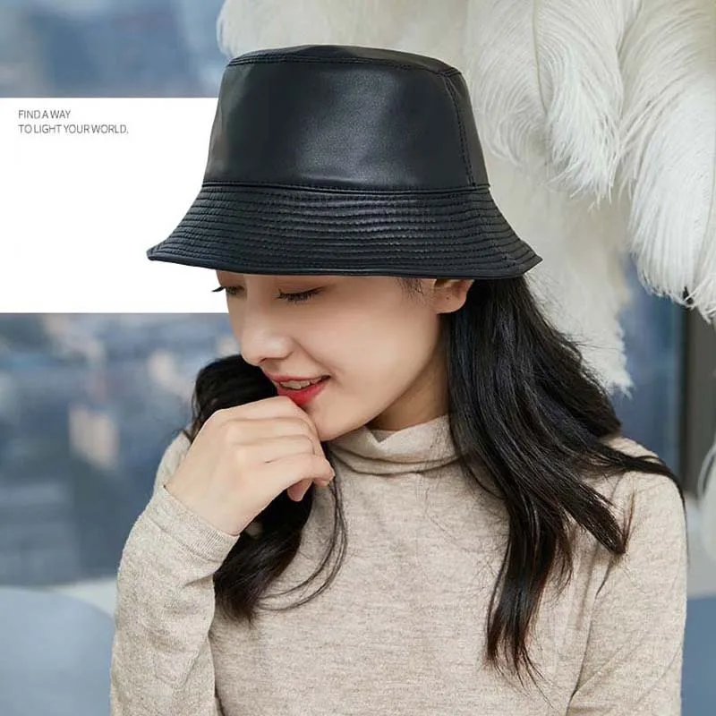 Autumn Winter Sheepskin Genuine Leather Fashion Warm Premium Black Panama Hat Fine Texture Grain Flat Top Women Bucket Hat