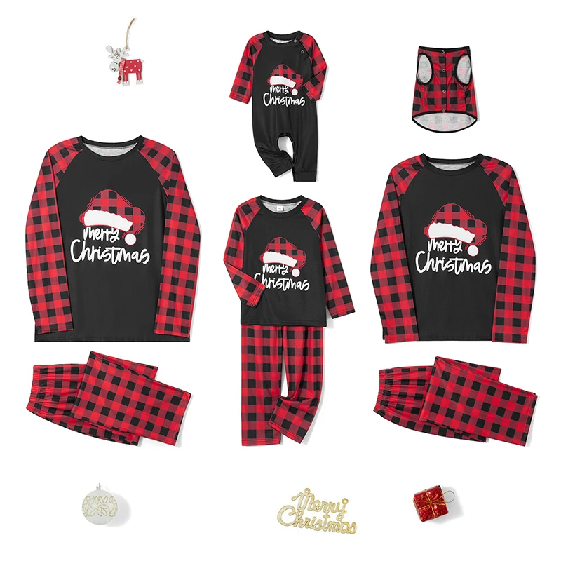 Conjunto de pijamas combinando para a família de Natal com estampa de alces, tops de manga comprida e calças xadrez, roupa de dormir para pais e filhos