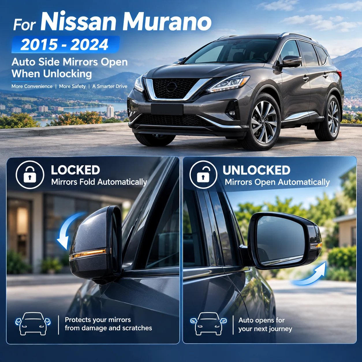 Automatic side mirror folding upgrade kit for Nissan Murano (2015–2024 models); mirrors unfold upon unlocking.