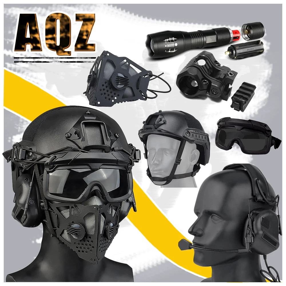 Tactical Fast Helmet Set, Adjustable Mask Goggles and Noise Canceling Headphones for Outdoor Airsoft Paintball Shooting CS Games