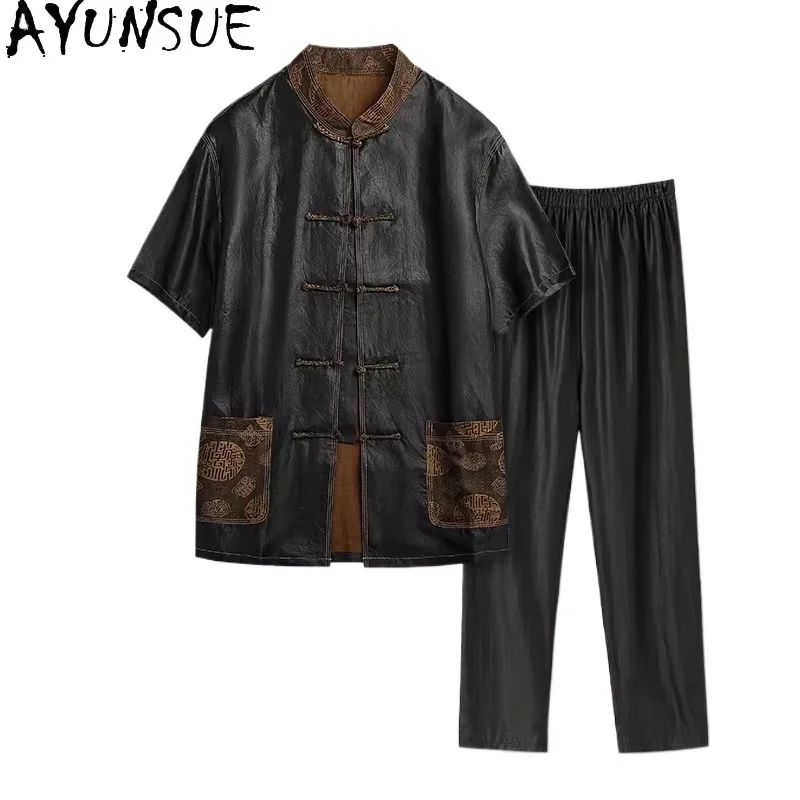 

AYUNSUE 100% Real Mulberry Silk Shirt for Men Summer Top Casual Two Piece Outfits Man Clothing Black Pants Short Sleeve Shirts