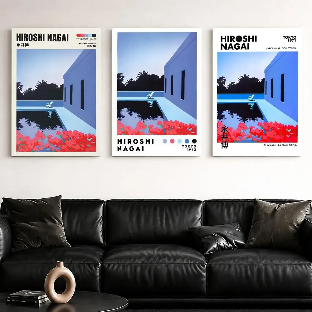 H-Hiroshi Nagai Bougainvillea Blue Painting Calligraphy Framed Canvas Wall Art Poster Solid Wood Frame Home Decor