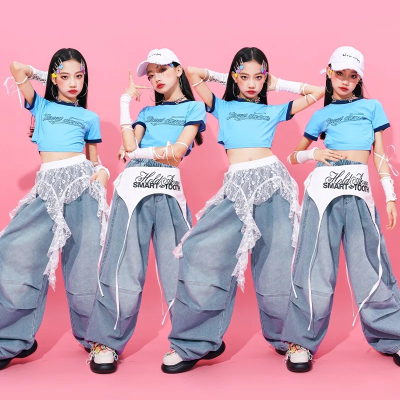 Ragazze Hip Hop Blu Crop Top Gonne a strati Bambini K-pop Streetwear Bambini Jazz Girl Group Costume Teen Street Dance Set di vestiti