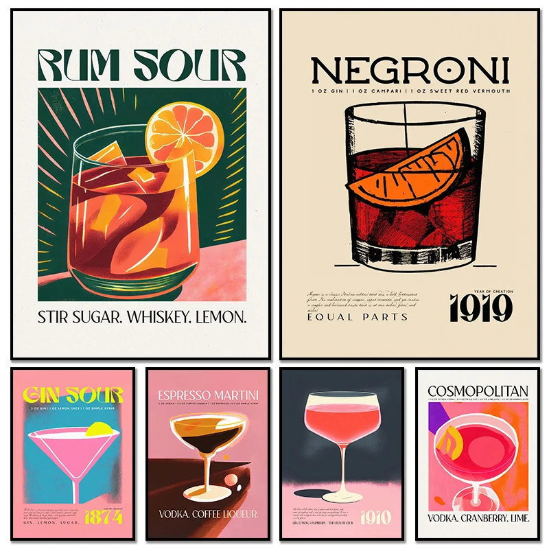 1 pieza de pintura en lienzo sin marco, pósteres retro de cócteles, bebidas alcohólicas, arte de pared vintage, pintura en lienzo e impresiones.