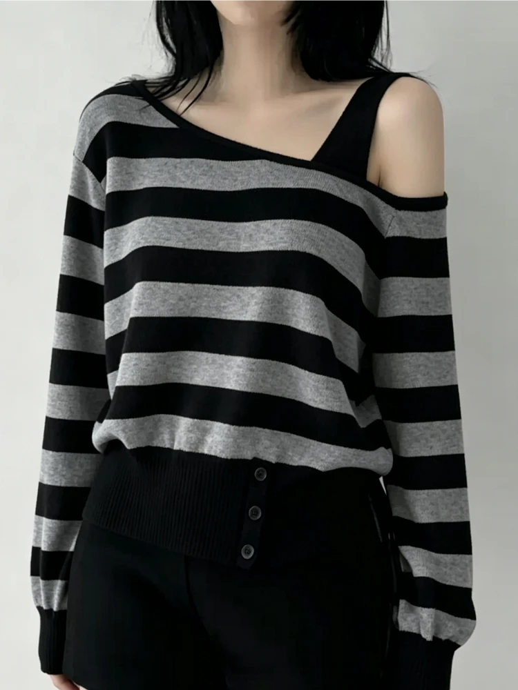 Korean Style Knitwear Sweater Womens Autumn Winter 2026 Striped Slim Fit Off Shoulder Pullover Y2k Harajuku Soft Trendy Clothing