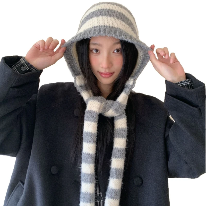 Koreanische Gestreifte Gestrickte Pullover-Bombermütze Winter Warmer Ohrenschutz Schal Integrierter Nackenschutz Sturmhaube für Damen – Detail 5