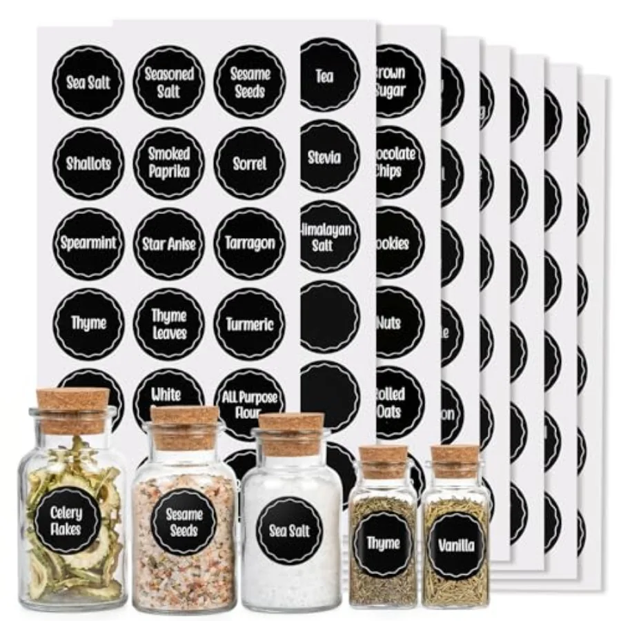 144PCS Spice Jar Labels, 1.5in Round Preprinted Black Script Stickers Easy Peel and Stick Labels for Spice Racks, Storage Jars,