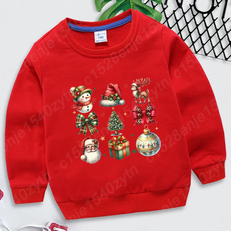 

Autumn And Winter Tops Christmas Santa Snowman Bow Print Round Neck Sweatshirts Children Solid Color Clothing Hoodless Pullovers