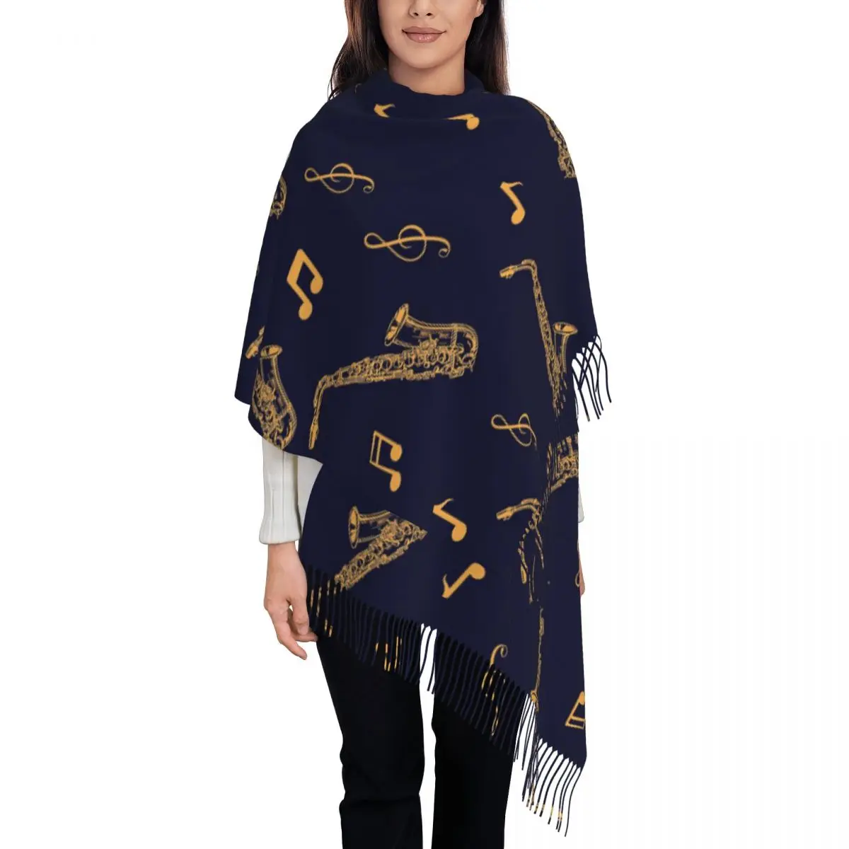 Musical Saxophone Pattern Scarf Tassel Scarves Women Soft Warm Shawls and Wraps Large Fall Winter Shawl Wrap