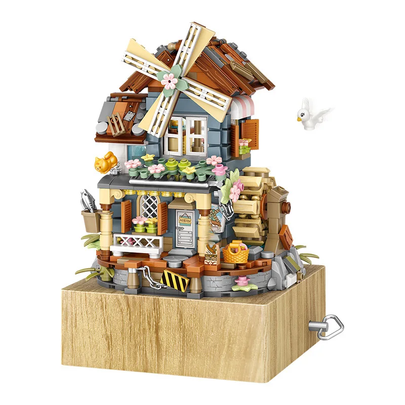 LOZ-1239 Chinese music box Music box Windmill house Funny wooden house model decoration children\'s building blocks toys