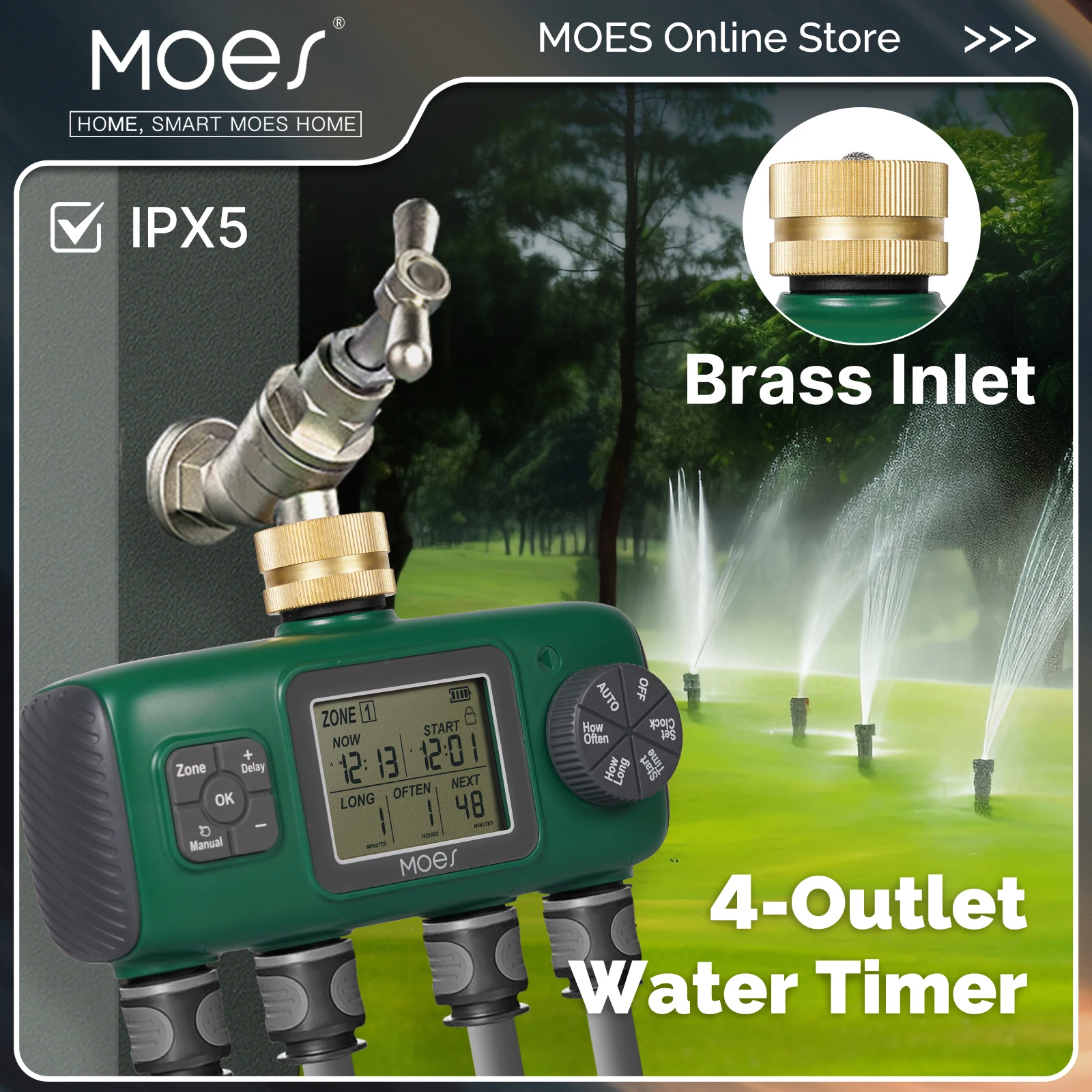 

‌MOES 4-Outlet Digital Water Timer - Brass Inlet Programmable Irrigation with LCD Display, Knob Button & IPX5 Waterproof for Gar
