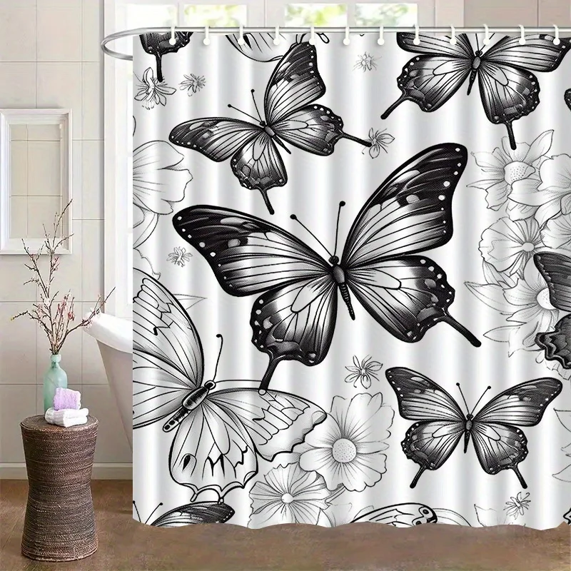 

Modern minimalist black and white butterfly print shower curtain, polyester fabric, with hooks, suitable for bathroom use.