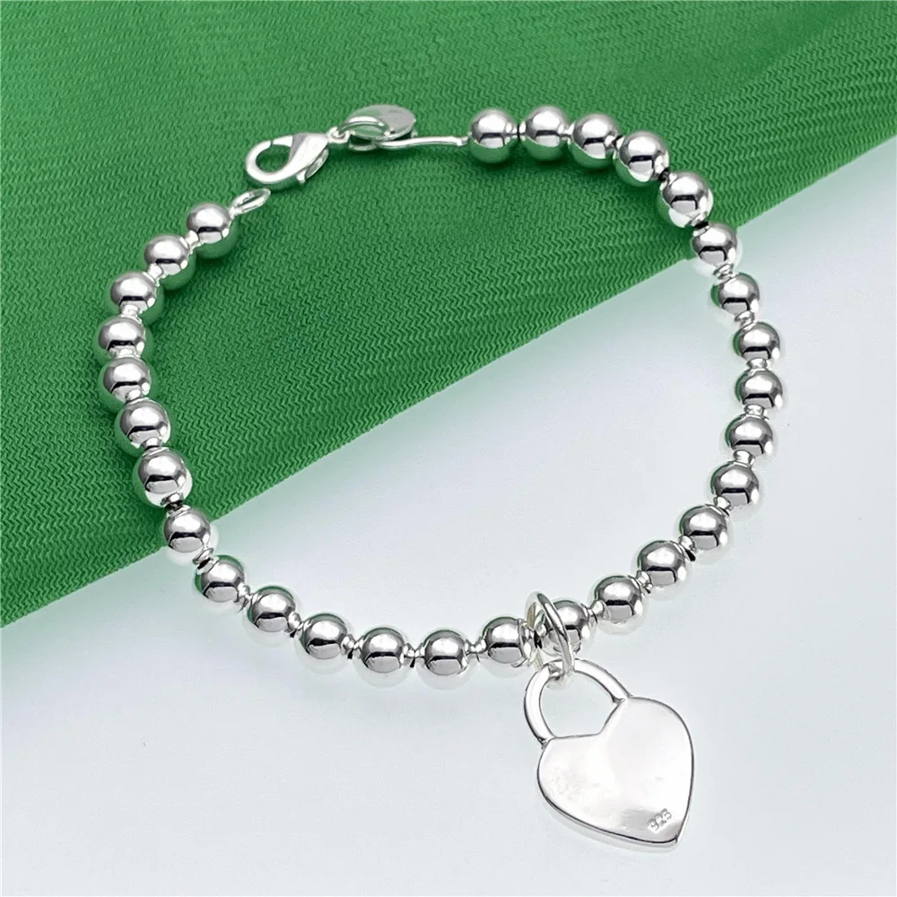 hot Silver Plated Heart 6MM Beads Chain Bracelets Jewelry Women Top Quality Lovers wedding Christmas Gift 8inches