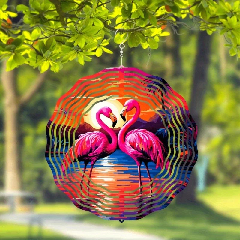 Colorful Flamingo Sunset Wind Spinner,3D Metal Wind Spinner Hanging Ornament Yard Garden Patio Outdoor Home Wall Art Decoration