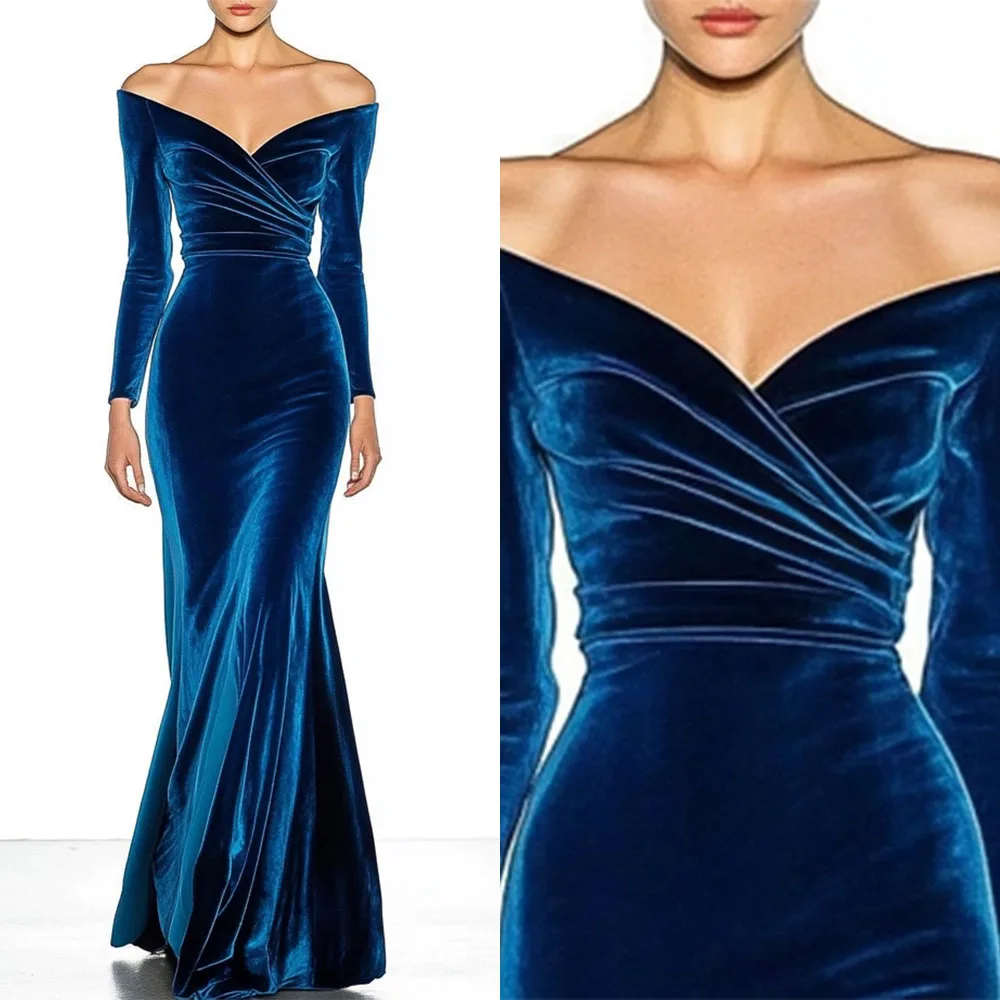 High Quality Customized Blue Full Sleeves Floor Length Stain V-neck Woman Elegant Dress Women for Wedding Party Robe De Soirée