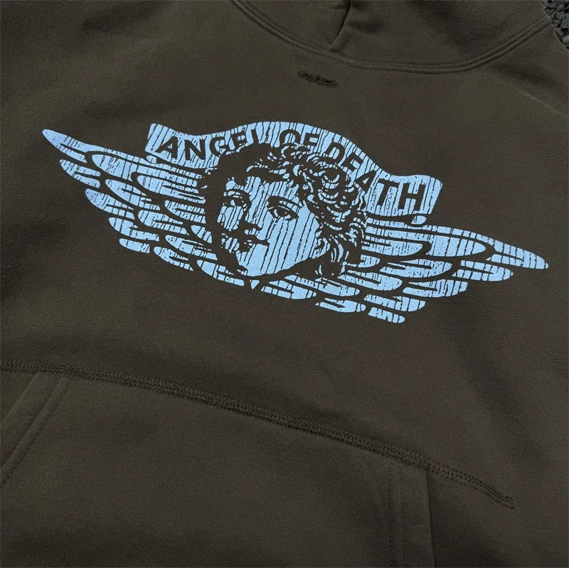 Ange Printing Saint Michael Hoodies Men Women Oversized Pure Cotton Brown Sweatshirt