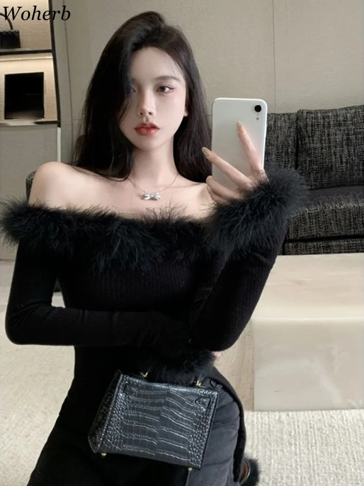 Woherb Y2k Fashion Fur Patchwork Slash Neck Strapless Knitwear Long Sleeve Slim Split Women Sweater Spring 2024 New Knitted Tops