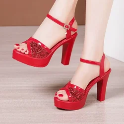 Small Size 32-43 White Red Bling Wedding Shoes Woman Block High Heels Sandals 2025 Summer Women's Platform Sandals Office Model