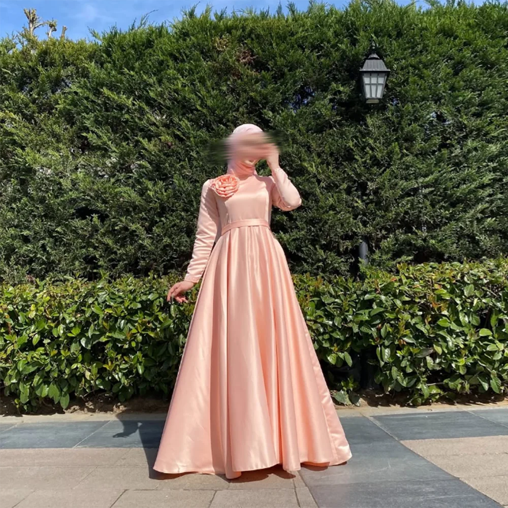 

Customized Simple long Muslim Evening Dresses Full Sleeve Draped Floor-Length Saudi Prom Gown Modern A-Line Arab Women Dress