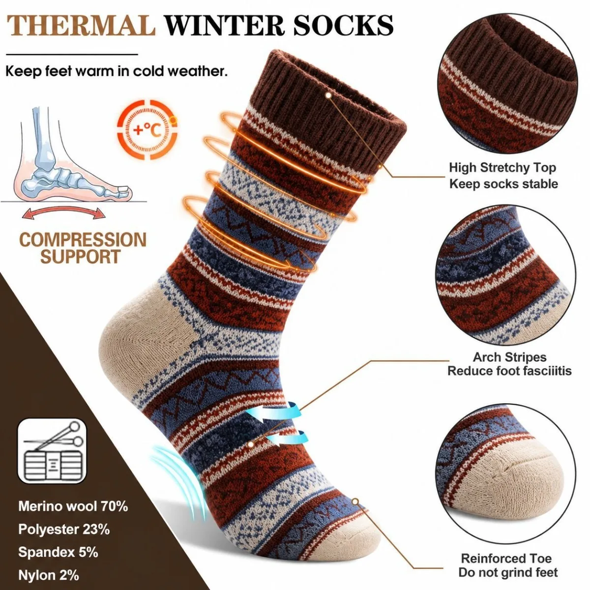 Women Rabbit Wool Blend Mid‑Calf Socks Coffee Tone Stripe Jacquard Ethnic Retro Knit Crew Socks Winter Thick Warm Socks 5 Pairs