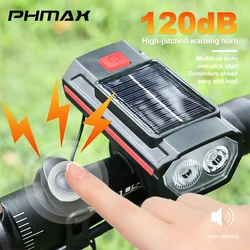 PHMAX Solar Bicycle Light with Horn 120dB TYPE-C Rechargeable MTB Road Bike Front Lamp Flashlight Bicycle Light 1200 mah