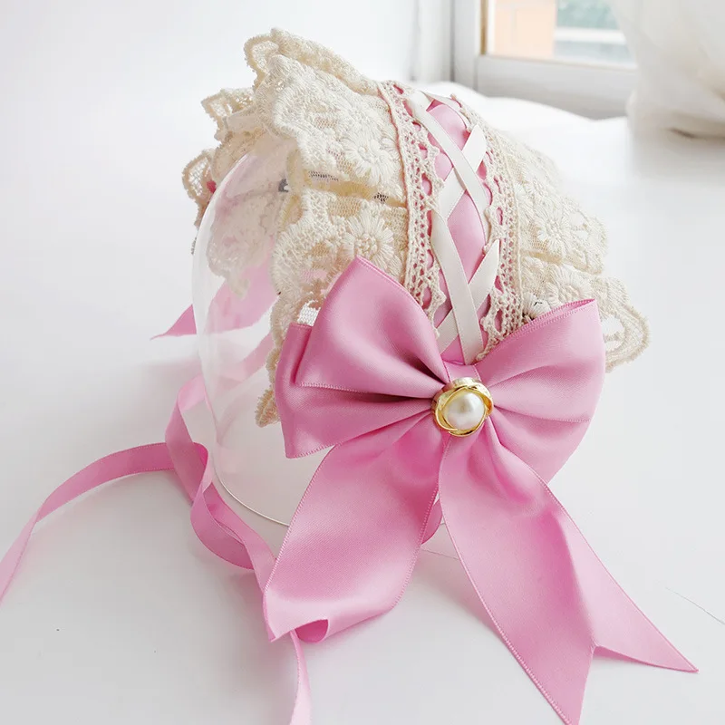 

Girls Lolita Lace Ruffled Headband Sweet Star Embroidery Ribbon Bow Hairband with Hairpins Anime Maid Cosplay Headdress