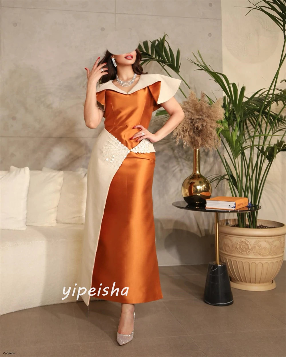       Satin Applique Beach A-line V-neck Bespoke Occasion Gown Midi es