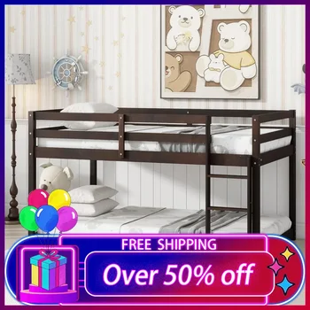 Litera doble sobre doble, camas dobles de piso de perfil bajo de madera con barandillas de escalera para niños y niñas, no necesita somier