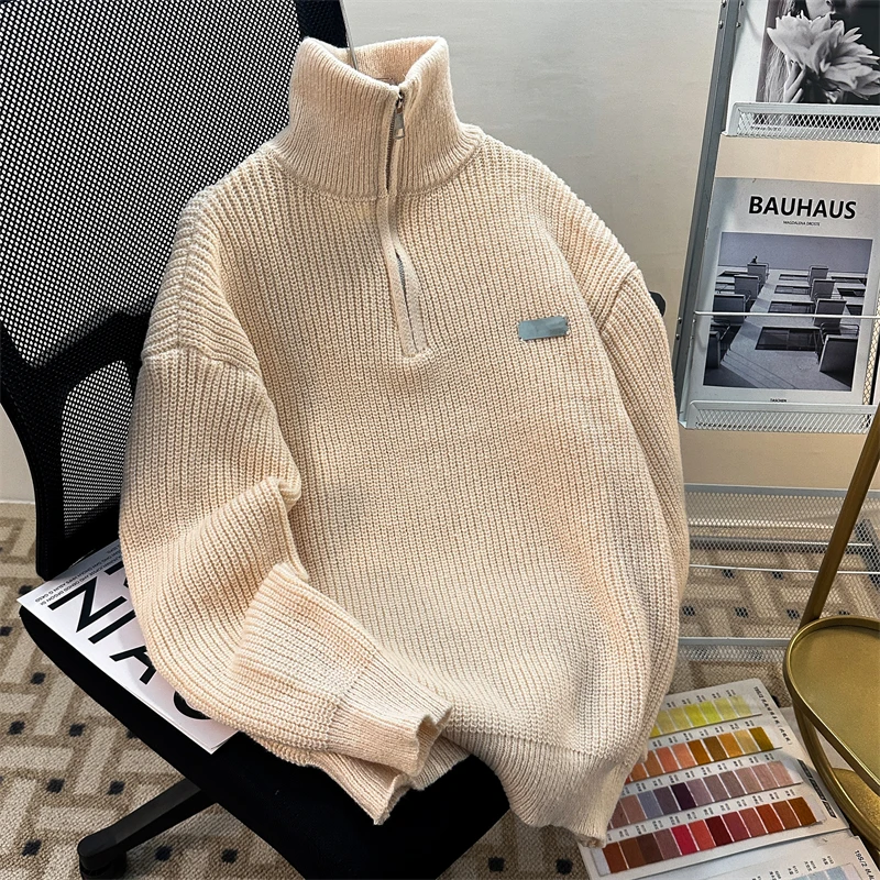 男性ハーフジップスタンドカラーセーター春秋の新日本カジュアルルーズ多用途プルオーバー怠惰なシンプルなレトロ固体トップス