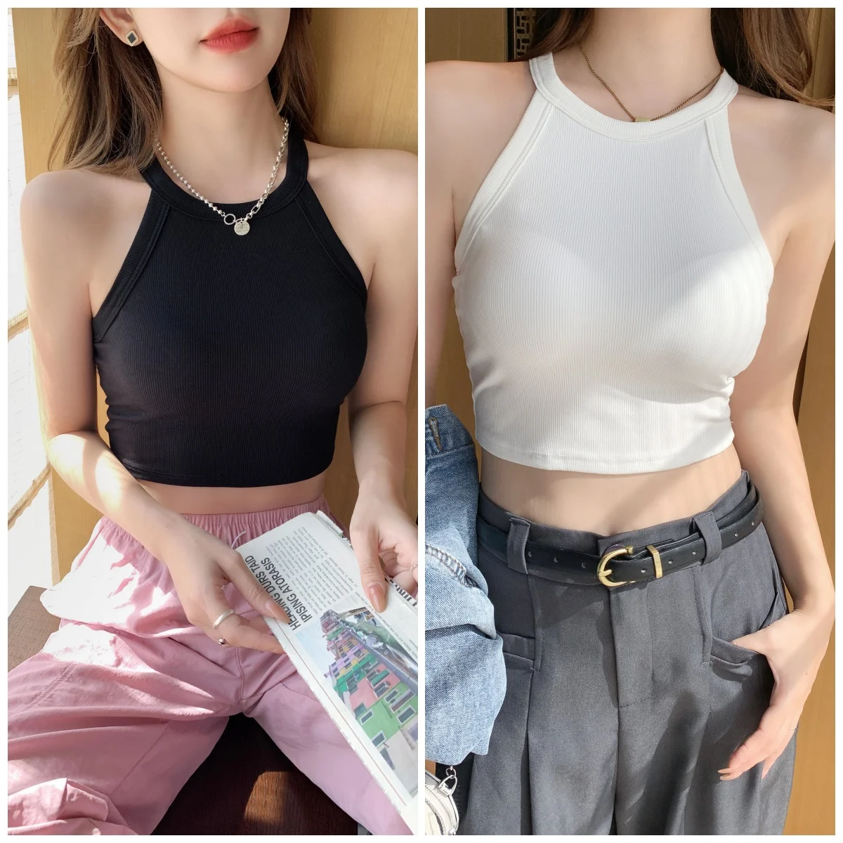 

Camisole Undershirt Women Pure Summer Outer Wear Beauty Back With Bra Pad Bra One Inside With Cotton Knit Threaded Top Vest Soft