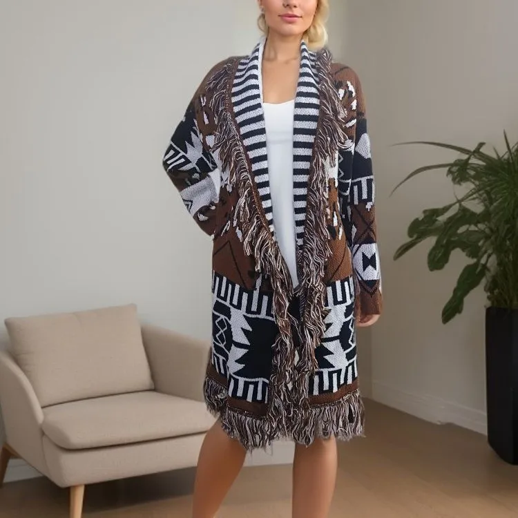 

Классическое осенне-зимнее шерстяное вязаное пальто с кисточками и геометрическим узором, 3D вязаный свитер, длинный женский кардиган све