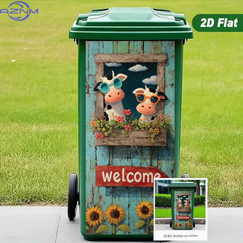 [2D Flat Printing] 1pc Trash Can Sticker [37×82] Cm Cow'S Summer Welcome Window Animal Theme Design Wall Sticker Decoration Wa