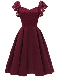 2024 New Retro Women Dresses Sexy Lace Floral V Neck Ruffles Short Sleeve Tight Waist A-line Cocktail Party Swing Dress Vestidos