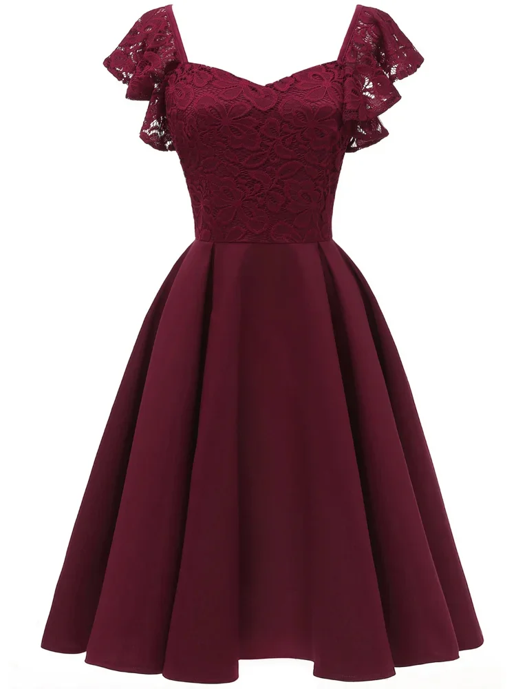 2024 New Retro Women Dresses Sexy Lace Floral V Neck Ruffles Short Sleeve Tight Waist A-line Cocktail Party Swing Dress Vestidos