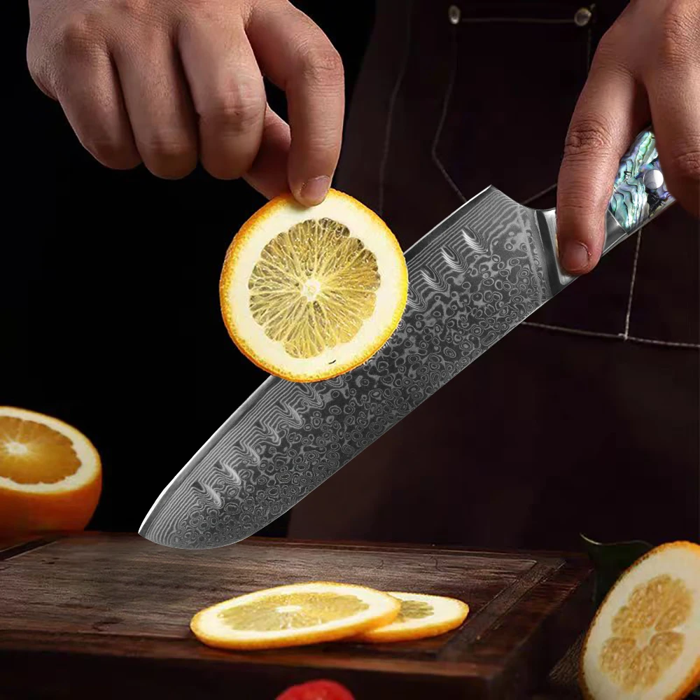 JUMCSONG Damascus Steel 7 Inch Santoku Knife Abalone Shell+Transparent Resin Handle Japanese Cuisine Sashimi Kitchen Knife