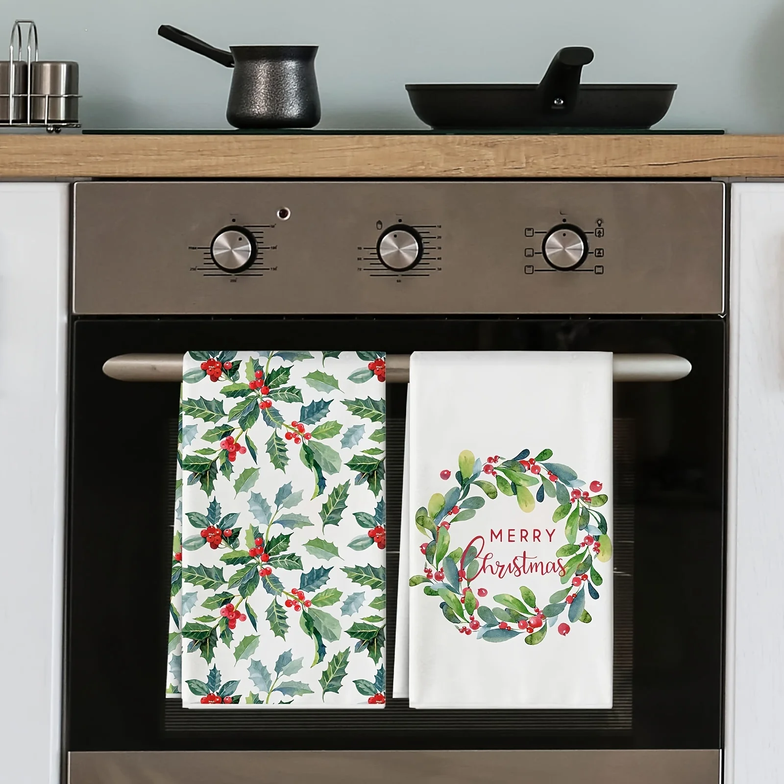 Christmas Holly Leaves Wreath Berries Kitchen Dish Towel Set Cleaning Supplies Absorbent Bar Hand Dishcloth Christmas Decoration