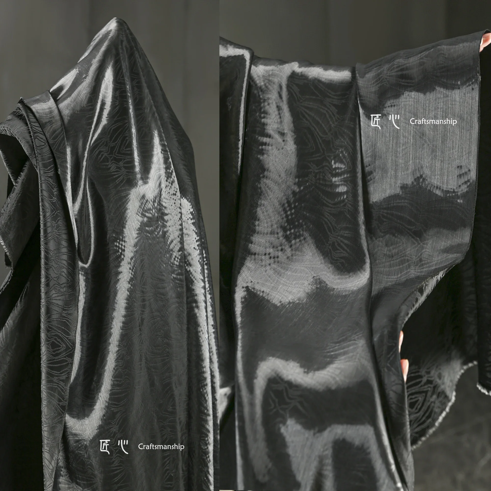 

Mountain Black, Liquid Metal Jacquard, Super Bright Crystal Satin Luster Is Quite Broad Fabric Clothing Designer Fabric
