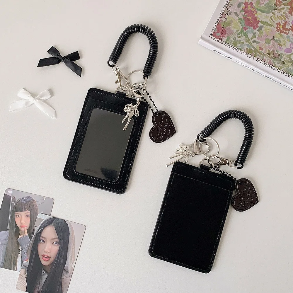

Creative PU Leather Card Holder Double Card Slot with Lanyard Photos Protective Cover Card Bag