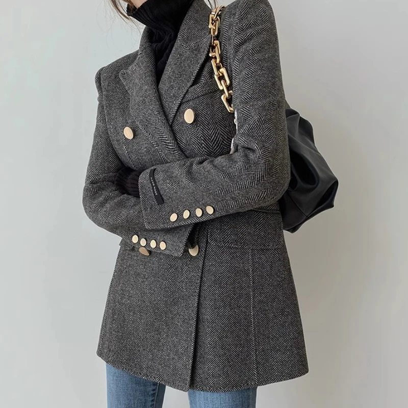 

Chic Autumn Winter New Sle Loose Fit Woolen Coat with Metal Buttons Long Sve Suit Collar Women's Faion Commute Wear