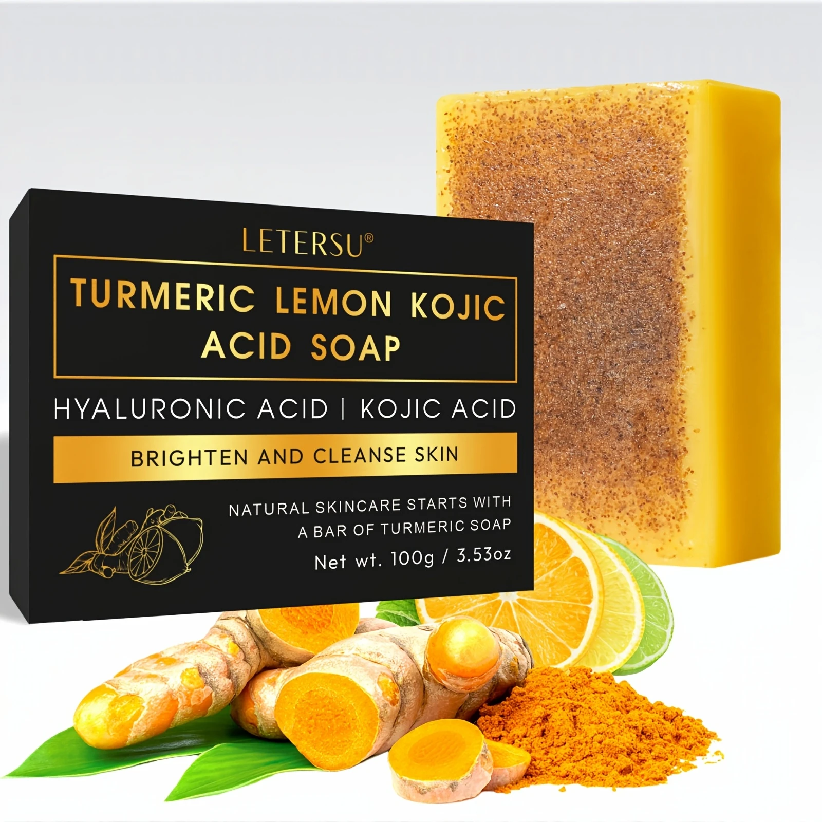 Turmeric Lemon Kojic Acid Brightening Soap with Foaming Net, Handmade Cleansing & Moisturizing Bar for All Skin Types, Unisex