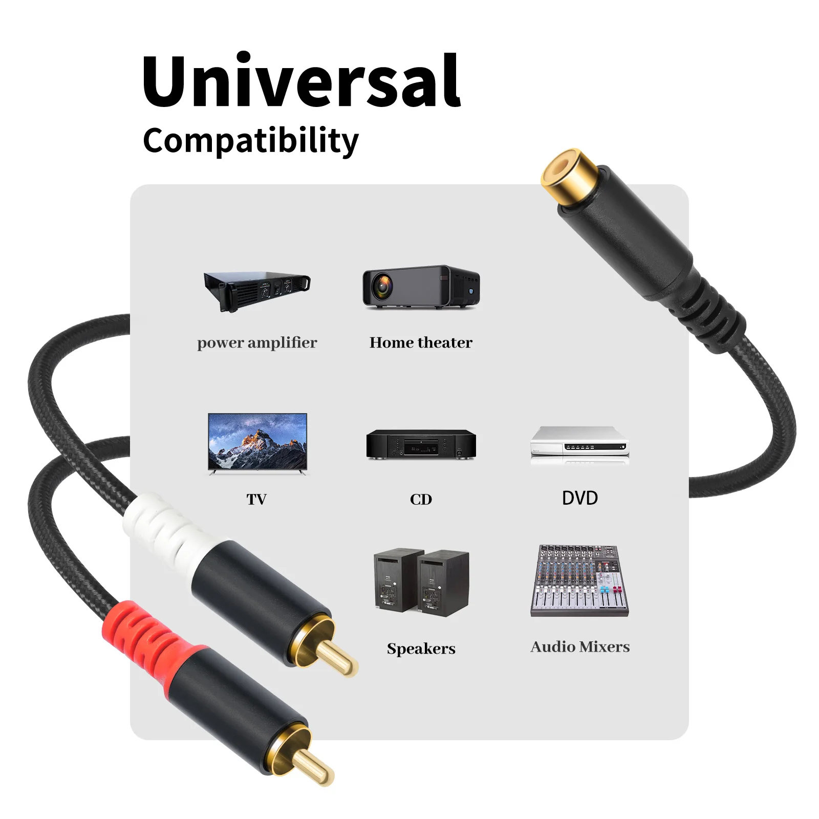 Stereo Audio Cable RCA Female To 2 RCA Male Stereo Y-Splitter Cable with Dual Shielding for Speakers Home Theater TV