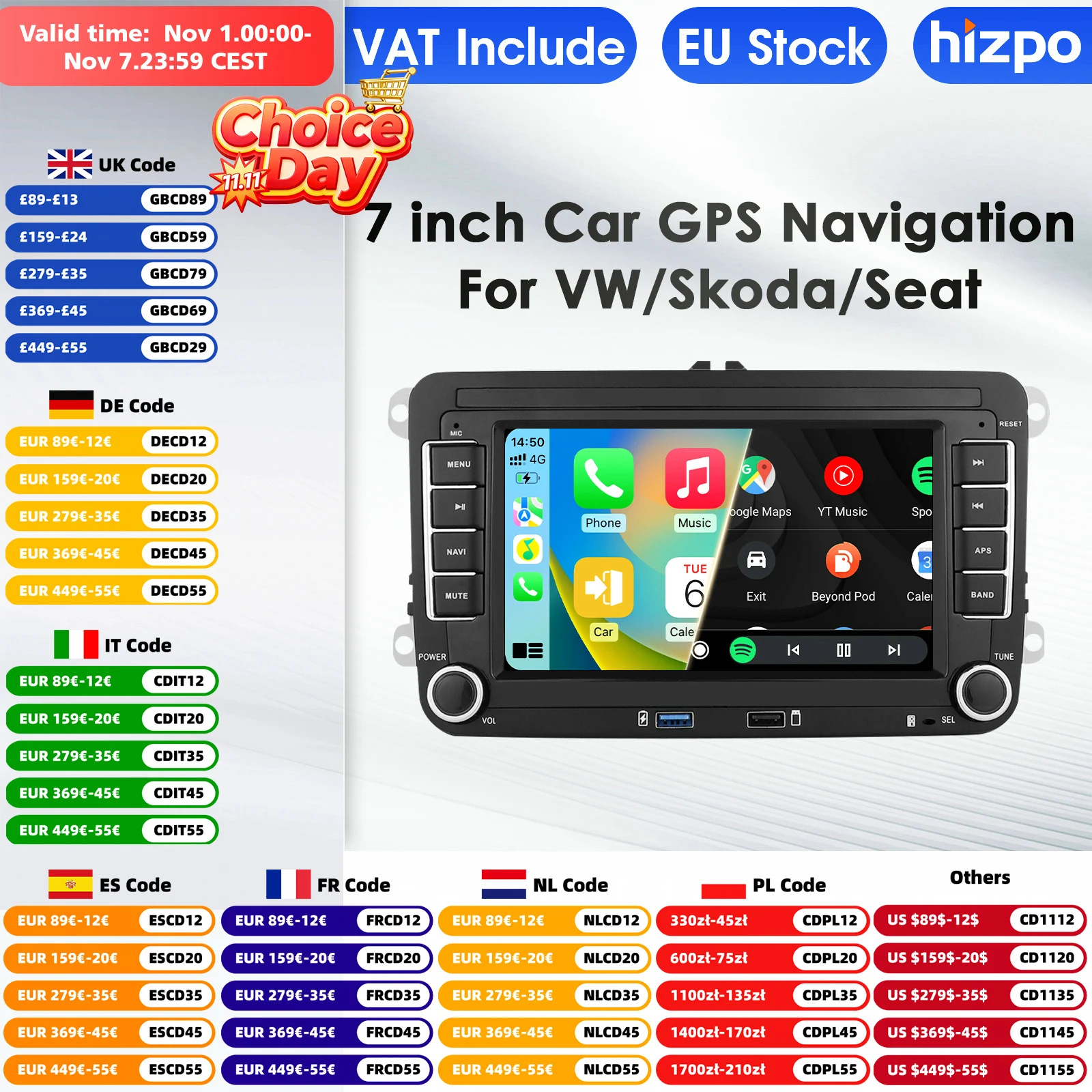 Hizpo 2Din 7'' Carplay 4G AI Systems Android 14 Car Radio for Volkswagen VW Passat B6 B7 T5 Tiguan Touran GOLF POLO Autoradio