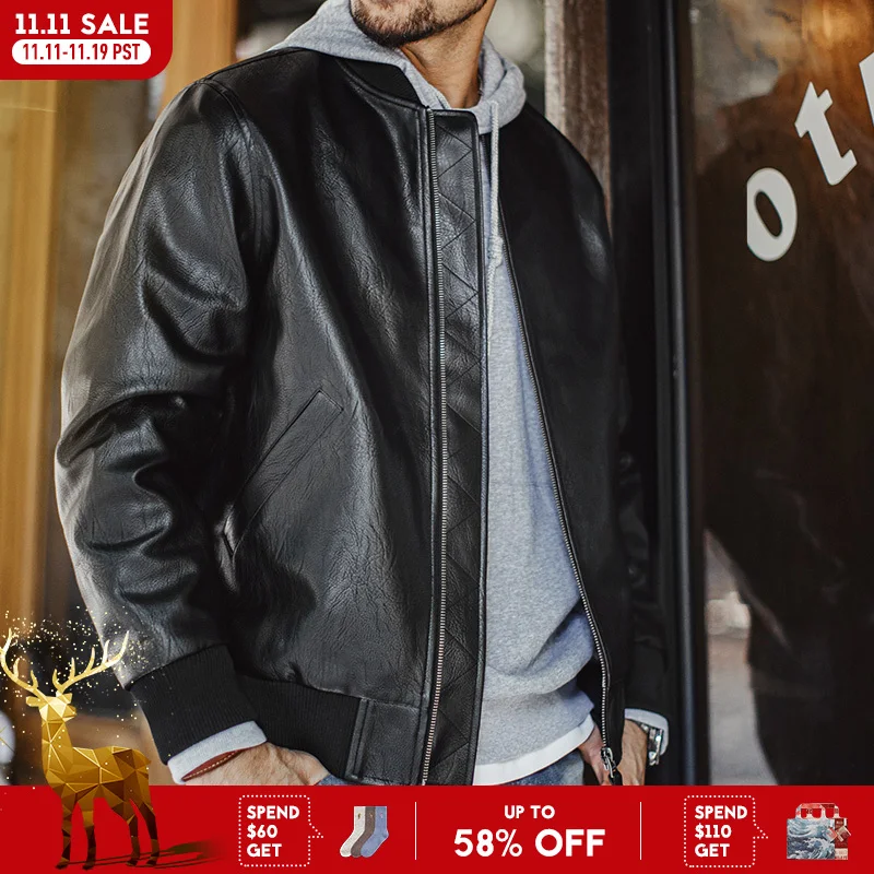 

Maden Men's Vintage MA-1 Bomber Jacket Black Short Faux Leather Coat 380gsm PU Textured Pilot Jacket for Fall Streetwear