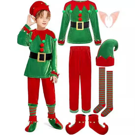 Christmas Elf Costume Children Red Xmas Party Hat Shoe Outfit Green Fancy Suit Boy Role Play Clothes for New Year Carnival Party