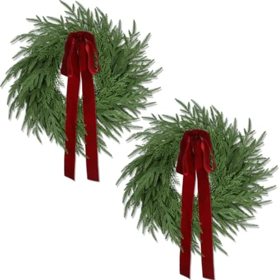 

Pack Christmas Wreath for Front Door Artificial Pine Cedar Holiday Wreath with Red Bow Winter Greenery Wreath for Indoor Outdoo